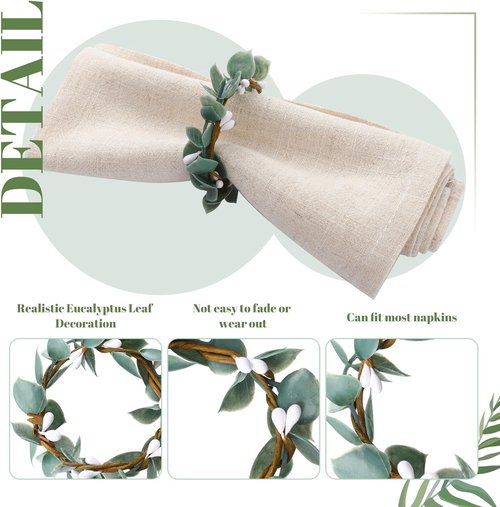 Domensi Eucalyptus Leaf Napkin Rings - Set of 6 Rustic Greenery Holders for Weddings & Dining (White Berries)
