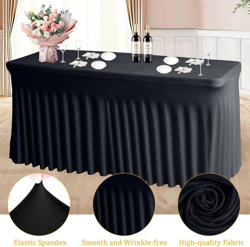 JCJ Table Skirt - Fitted Black Spandex Tablecloth for 4FT Rectangle Tables | Wrinkle Resistant Ruffles