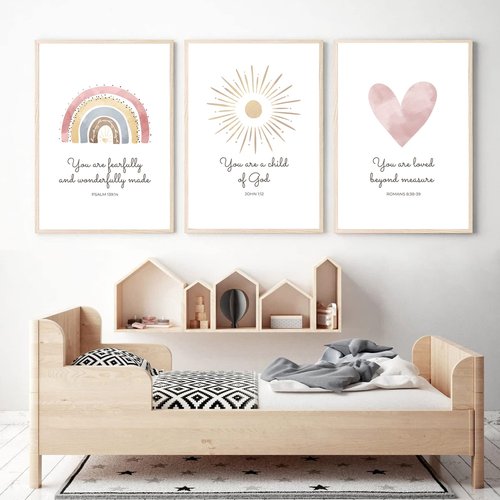 Boho Nursery Wall Art 3 Pieces Bible Verse Nursery Art Christian Girls Nursery Wall Art Heart Rainbow Sun Nursery Art Print Boho Sunshine Decor for Girl Baby Kid Room Decor 12x16 Inch Unframed
