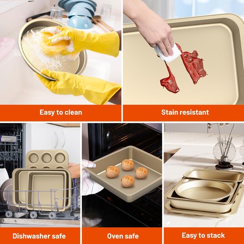CasaCulina Baking Pans Set, 5-Piece Nonstick Bakeware Sets with Round/Square Cake Pan, Muffin Loaf Roast Pan, Baking Sheets for Oven, Kitchen Cookware Sets Baking Tray Baking Supplies, Gold