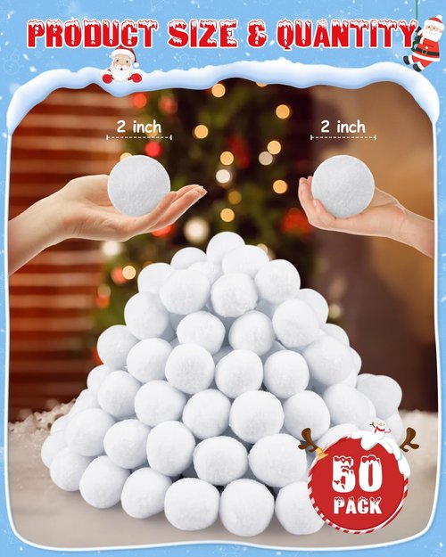 50 Pack Fake Snow Ball, 2-inch Indoor Snow Fight Ball Set, Soft Artificial Snow Fight Balls for Kids, Fake Snowballs for Christmas Games Party Decorations, Indoor Snowballs for Winter School Party