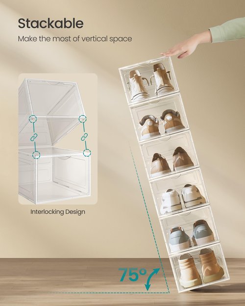 SONGMICS Shoe Boxes, Set of 12, Clear Plastic Shoe Storage, Stackable Sneaker Box, Drop Front Door, Up to US Size 11, Easy Assembly, 13 x 9.8 x 7.1 Inches, Transparent White ULSP032W12