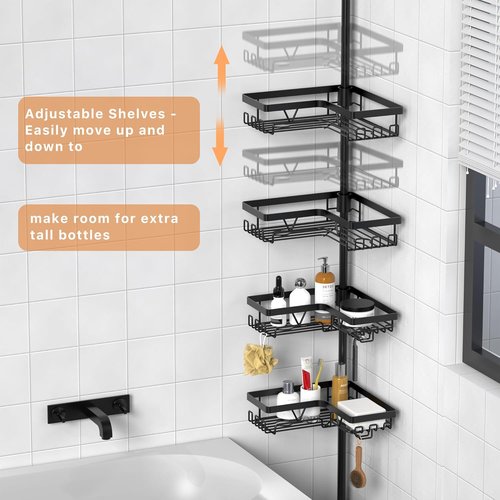 KEGII Corner Shower Organizer - 6-Tier Tension Pole Caddy | Waterproof & Rustproof, 25-114.2 Inch, Black