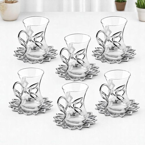 Alisveristime (Set of 6) Turkish Tea Set with Zamac Holders, Glass Cups & Saucers – 100ml Capacity, Ottoman Style, 4 Color Options (Silver)