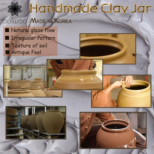 BALWOO Earthenware Onggi Korean Traditional Clay Jar Ceramic Canister/Handmade Food Sauce Storage Container for Tea, Coffee Bean, Salt/Breathing Clay Pot Kimchi Fermentation Crock (3L(0.8 gal))