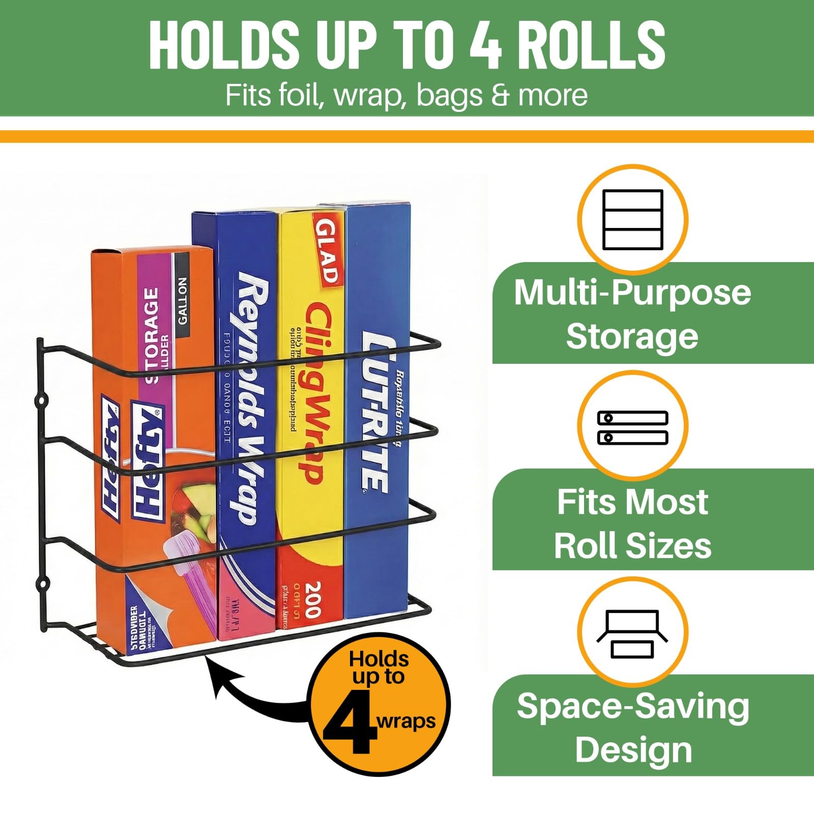 Evelots Kitchen Wrap Organizer - 4 Pack - Hold up to 4 Plastic, Foil, Paper, Wax - Cabinet Door, Wall Rack Basket - Sandwich, Freezer, Food Bag Storage - Laundry Supplies - Chrome Finished Metal