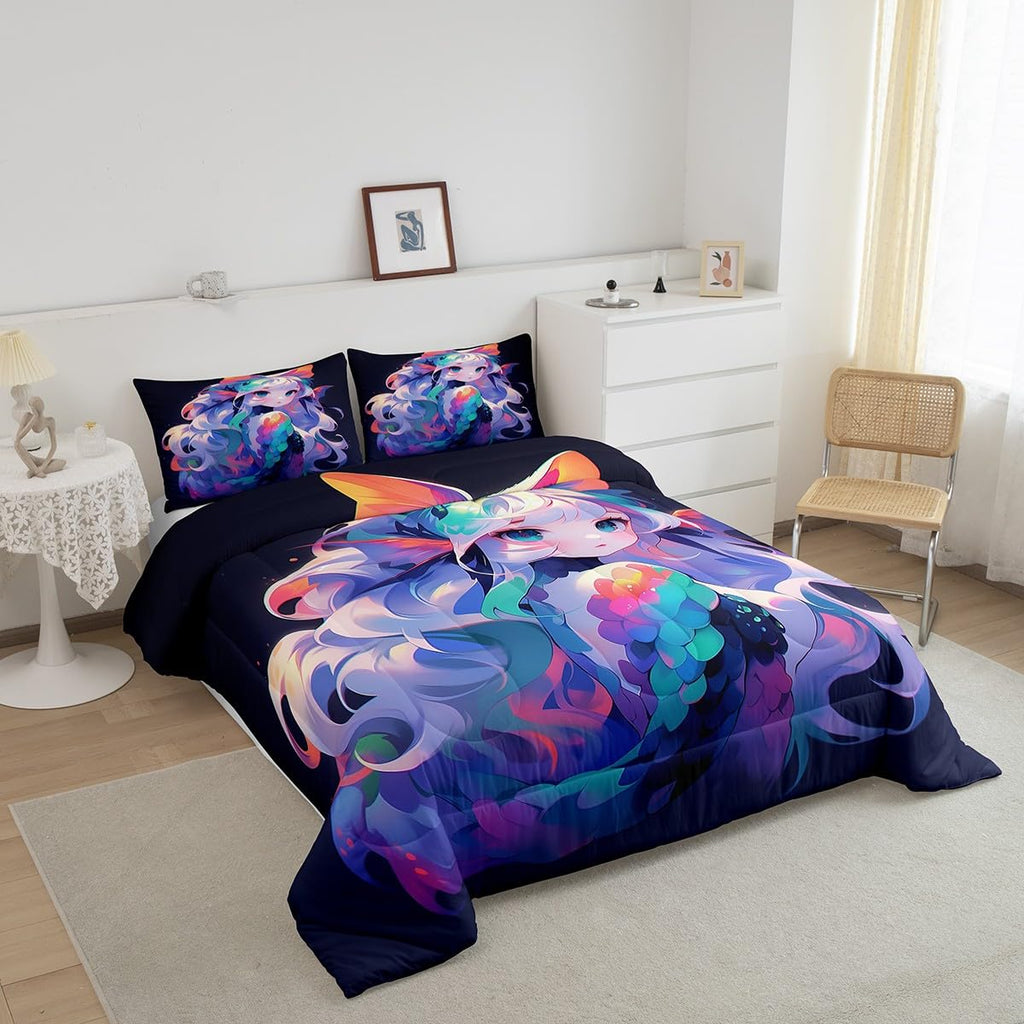 Erosebridal Anime Comforter Set Japanese Girl Bedding Comforter Sets 3D Cartoon Printed Bedding Queen for Kids Girls Anime Gifts Quilt with 2 Pillow Cases