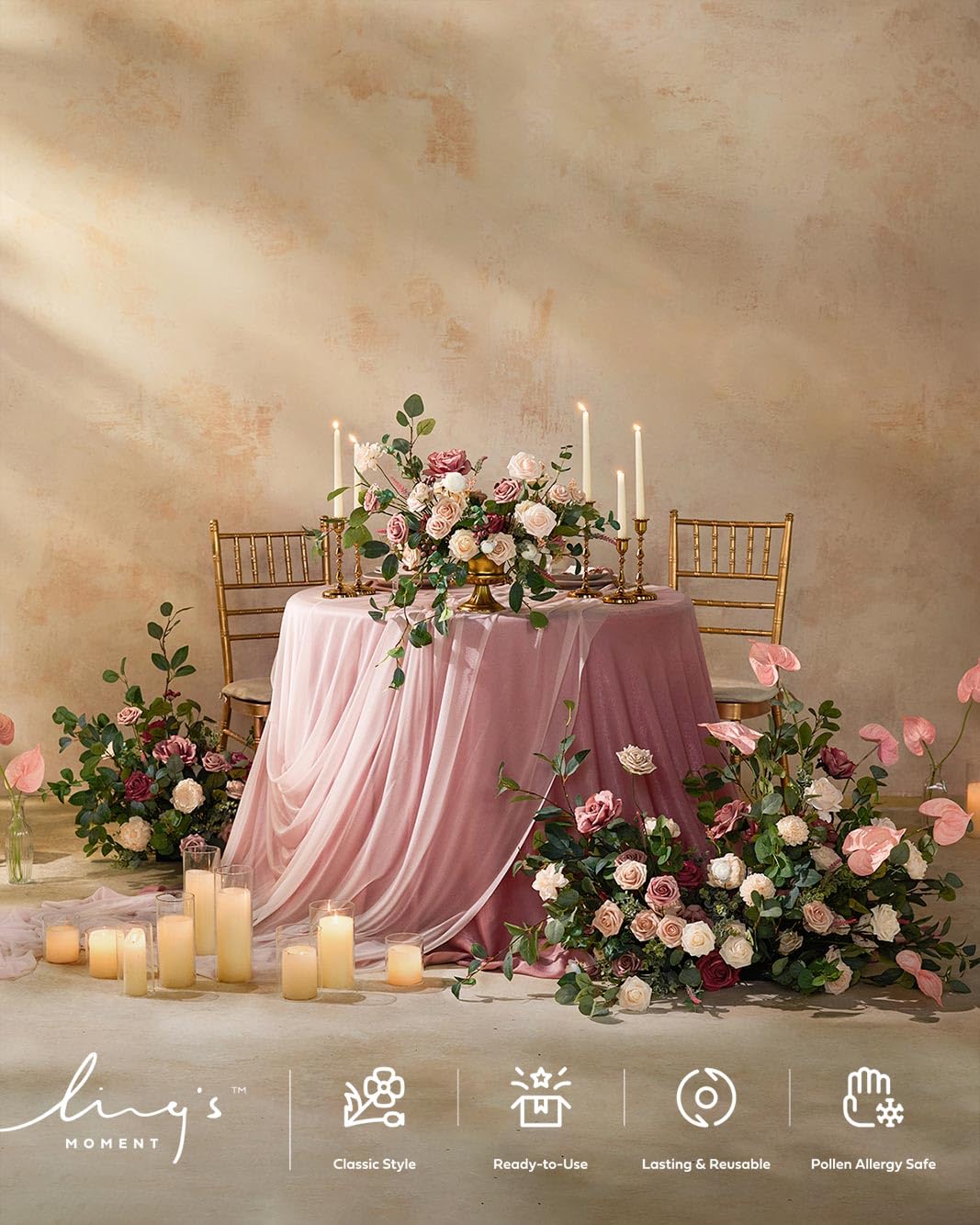 Ling's moment Dusty Rose Wedding Table Cloths in Velvet-Like Fabric, 9ft x 11ft, Fits 4ft/6ft Rectangular/Round Sweetheart&Head Table for Wedding Reception, Bridal Shower, Birthday Decoration