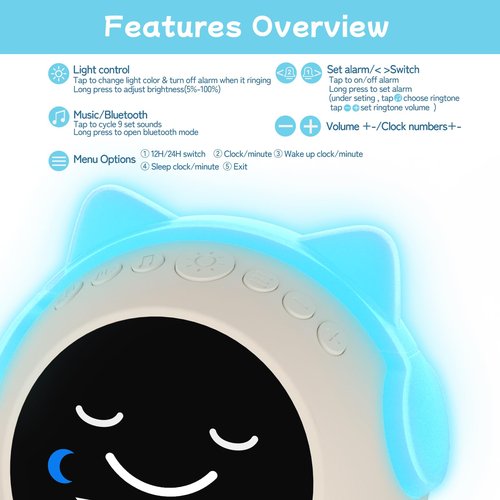 JAHUYU Kids Alarm Clock with Sleep Training, LED Night Light, Bluetooth Music, Multi-Color Display, Sound Machine, OK to Wake Light for Toddlers and Children