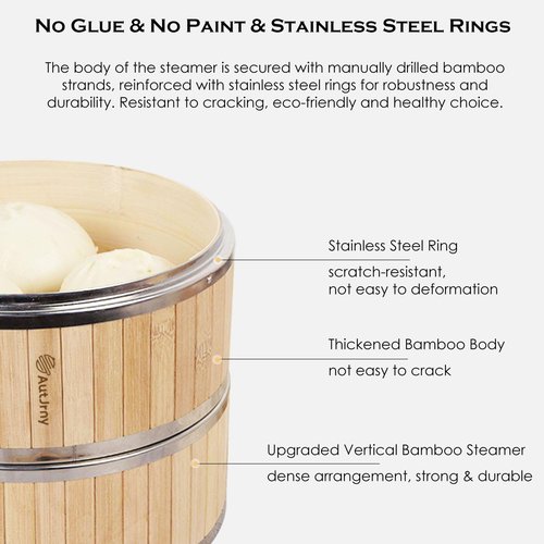 AutJrny 11.8-Inch Vertical Bamboo Steamer Basket, 3-Tier with Stainless Steel Rings | 50 Liners, Sauce Dish & 2-Chopsticks | Cooking Pot for Buns Dumplings Rice Vegetables Dim Sum