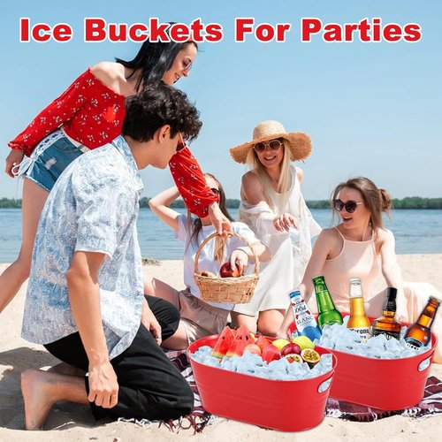4Pcs 3 Gallon Red Galvanized Bucket Ice Bucket Large Metal Drink Buckets for Parties Beer Beverage Tub with Scoops for Champagne Cocktails Wine Cooling for Mimosa Bar Supplies