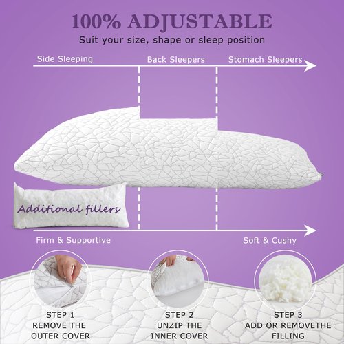 KUSNUG Shredded Memory Foam Full Body Pillow - Cooling Removable Bamboo Rayon Cover + Extra Gel Foam, Soft-Firm Adjustable for Adults, Oeko & CertiPUR-US Standard, 20x54 Inch, 1 Pack