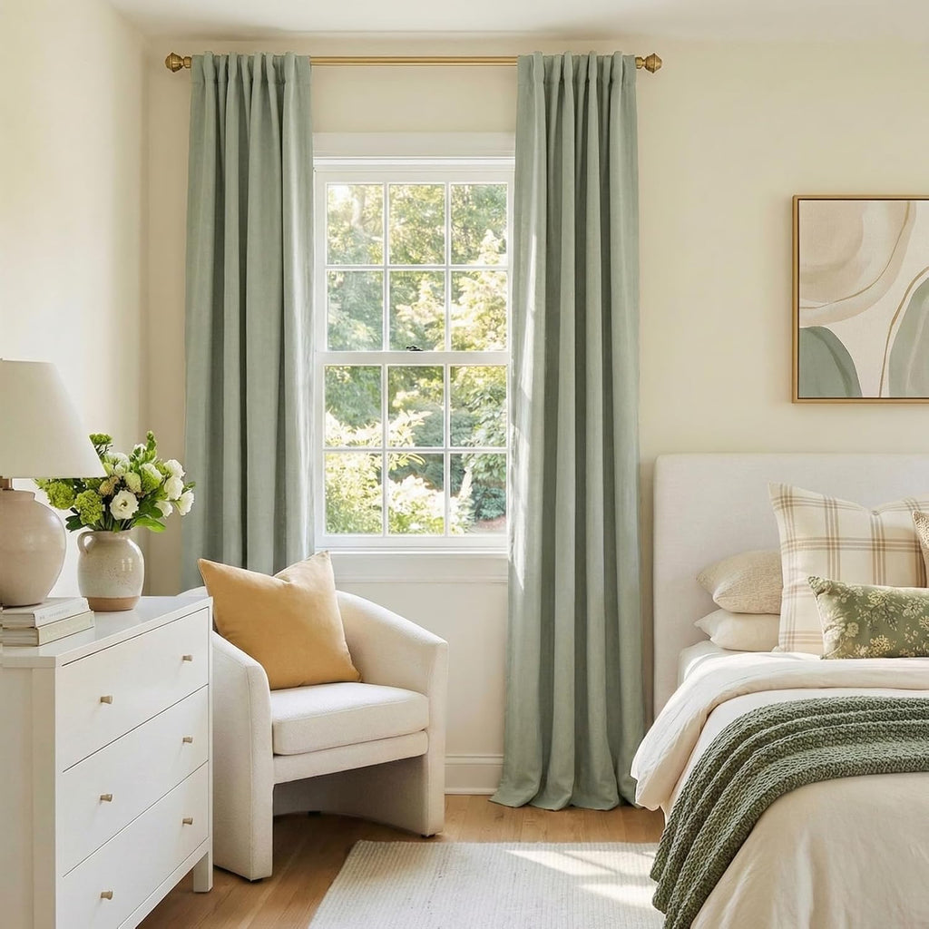 Skiennix 100% Blackout Linen Curtains - Thermal Insulated Drapes for Bedroom | 50" W x 96" L, Sage Green