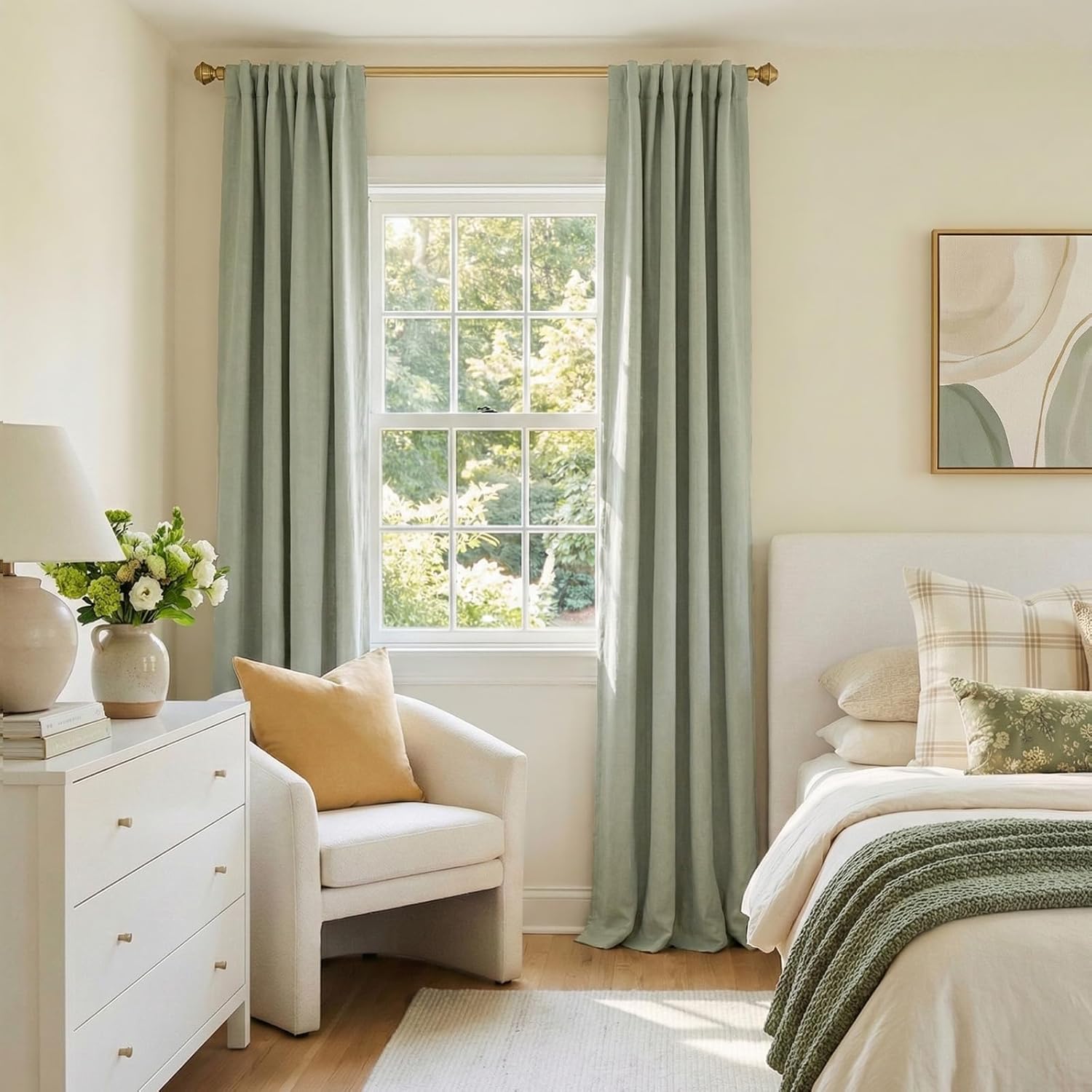 Skiennix 100% Blackout Linen Curtains - Thermal Insulated Drapes for Bedroom | 50" W x 96" L, Sage Green
