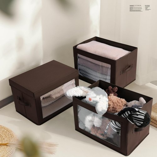 Homsorout Foldable Storage Boxes - Clear Window Clothes Organizers | Fabric Bins, Brown, 3 Pack