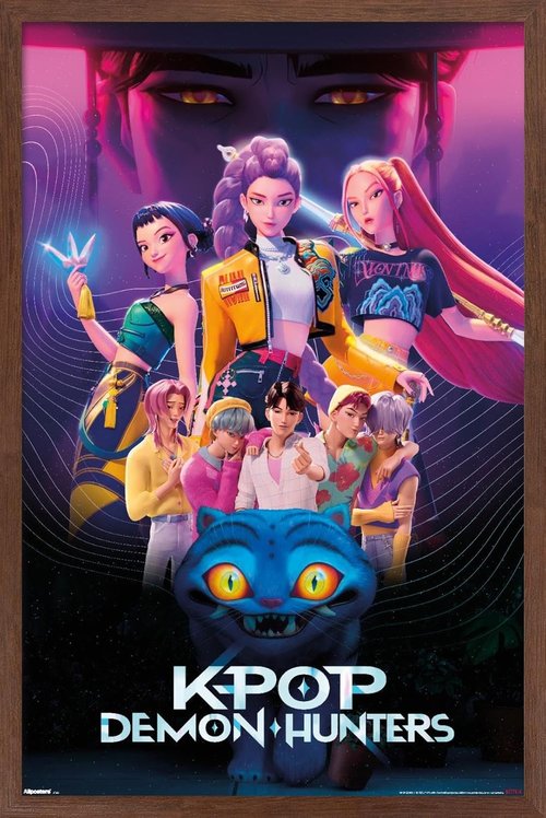 Netflix KPop Demon Hunters Wall Poster - Mahogany Framed, 34L x 22.4W for Stylish Decor