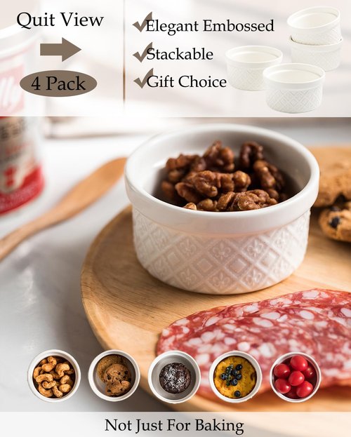 MISSYSSIM Ramekins 6 oz with Lids Oven Safe, Small Creme Brulee Ramekins with Covers, Ceramic Ramekin Set of 4, Mini Prep Pinch Bowls - Dishwasher and Oven Safe, White