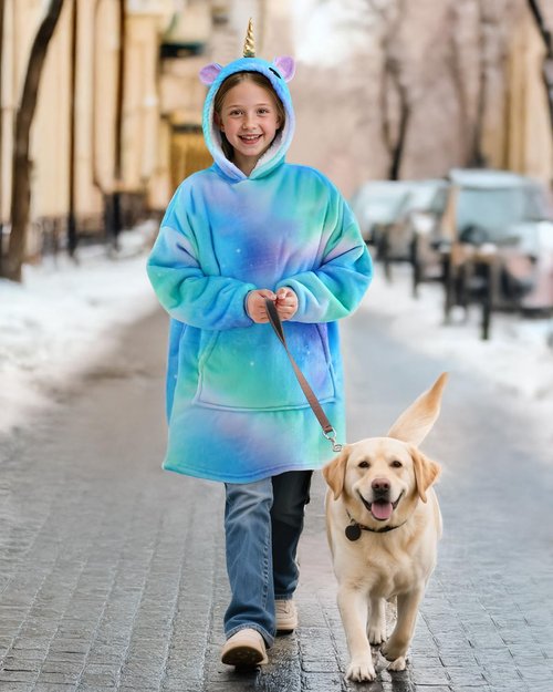 Yoofoss Kids Wearable Blanket Hoodie, Oversized Fleece Sherpa Sweatshirt Blanket with Pockets, Cozy Gift for 7-13Y Girls, Gradient Unicorn