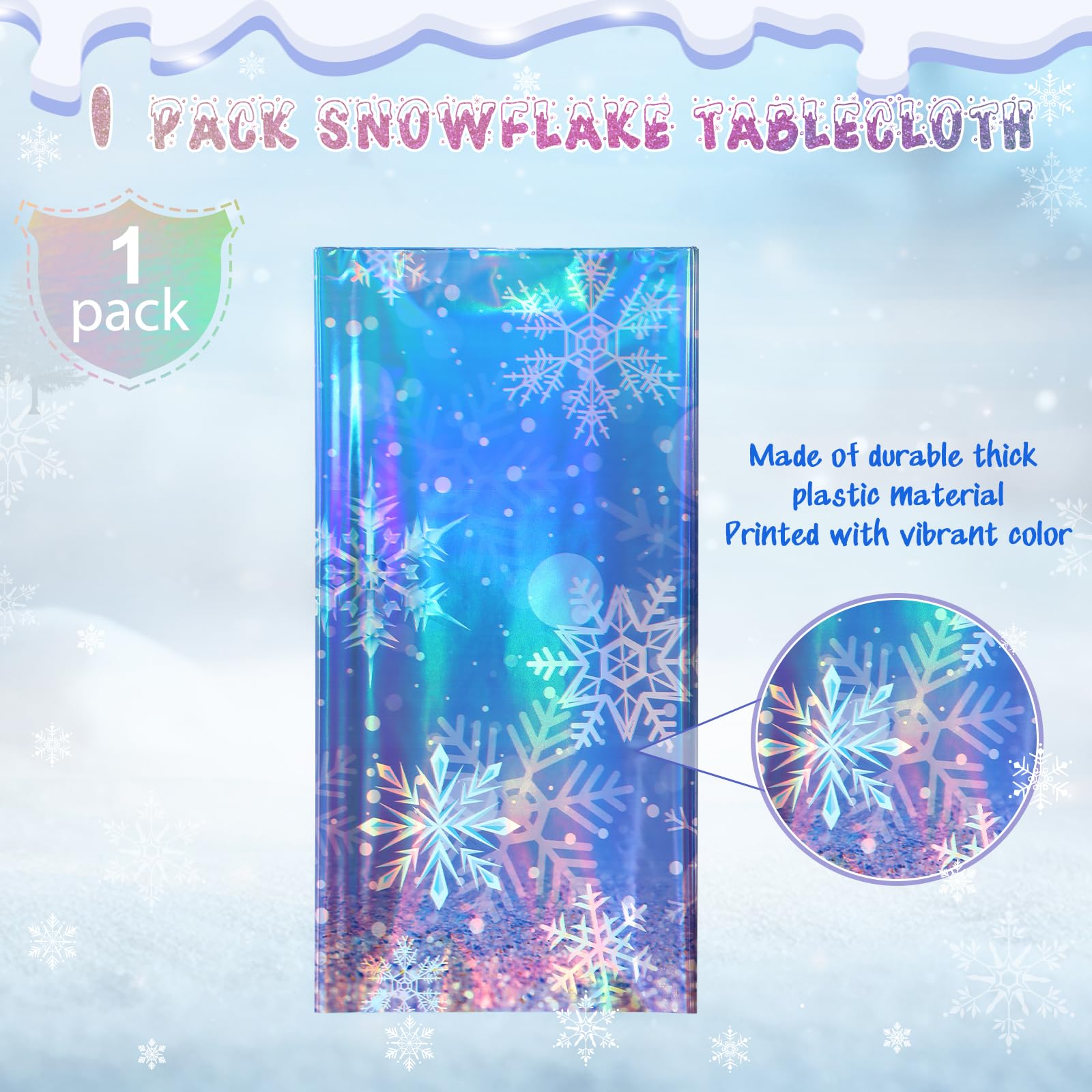 1 Pack Iridescent Winter Snowflake Plastic Tablecloth Decorations, Holographic Blue and Purple Snowflake Winter Wonderland Disposable Table Cover for Winter Holiday Birthday Decorations, 54x108 Inch