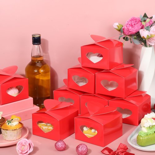 Fullhawl 15 Pcs Valentine's Day Heart Cupcake Boxes with Window Red Valentines Cupcake Treat Boxes Candy Cookie Box Gift with Stickers for Candy Cookie Dessert Homemade Bakery Party