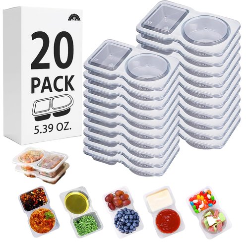 20 Sets Reusable Snack Containers Double Compartment Snackle Box Container with Lids - Leak-Proof BPA-Free Food Storage, Condiments Portion Control Dip Cups for Kids School Lunches, Meal Prep, Takeout