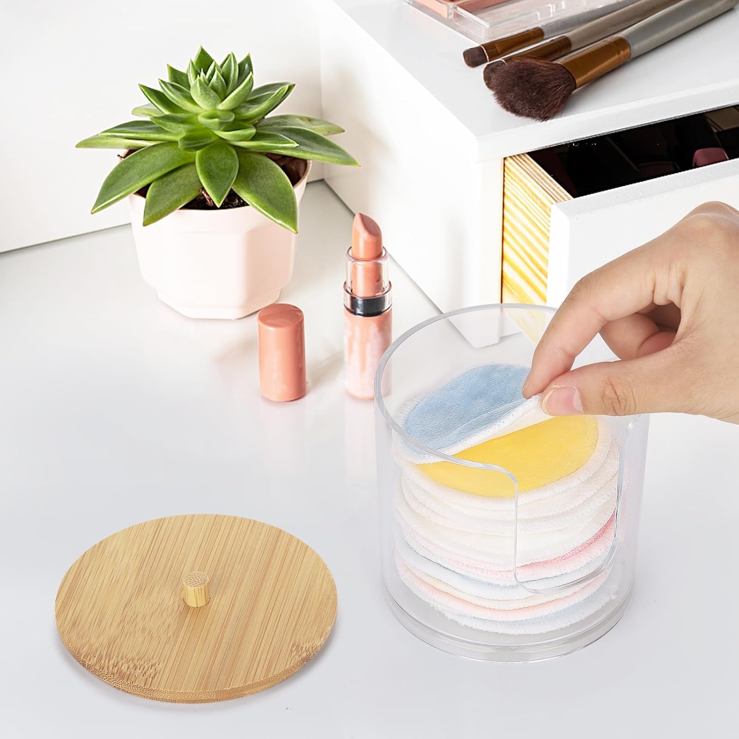 Tbestmax Cotton Pad Holder - Clear Bathroom Organizer with Bamboo Lid for Stylish Storage