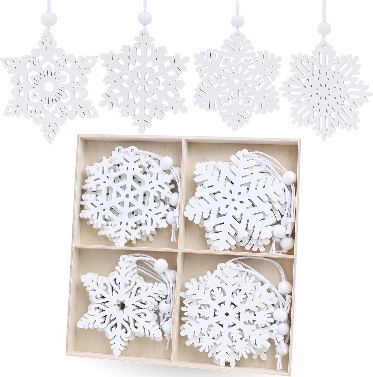 Skiennix 16-Piece White Snowflake Ornaments - 3-Inch Wooden Christmas Decorations for Holiday Crafts