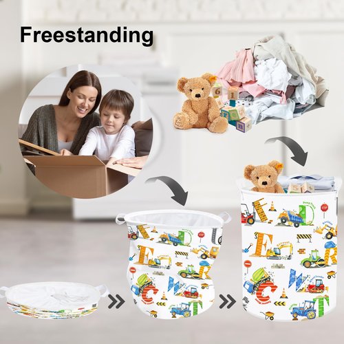 Clastyle Large Alphabet Car Kid Laundry Basket Construction Police Car Clothes Hamper for Boy Nursery Collapsible Excavator Toy Storage Basket with Lid