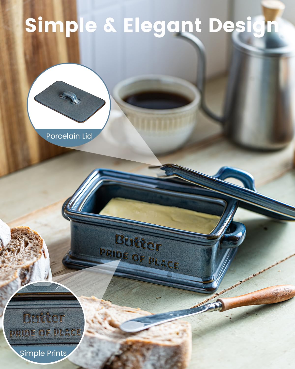 Zoeeker Butter Dish with Lid, Porcelain Butter Dish for Countertop Large Butter Keeper Butter Holder Container for East West Coast Butter, Farmhouse Decor for Mother's Day, Blue
