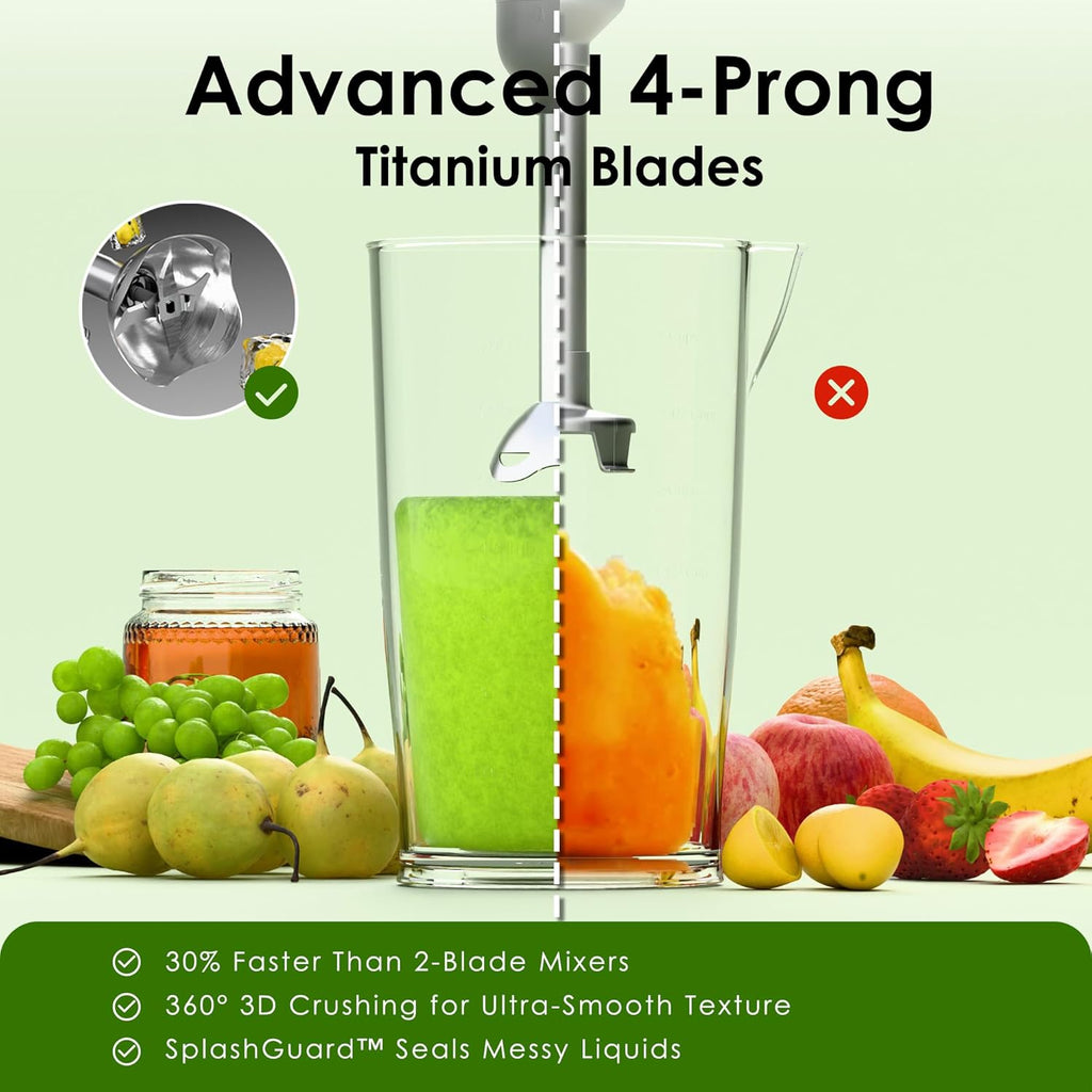 Skiennix Cordless Immersion Hand Blender - 5-in-1 Variable Speed, Rechargeable 2000mAh Battery, BPA-Free Accessories, Grey