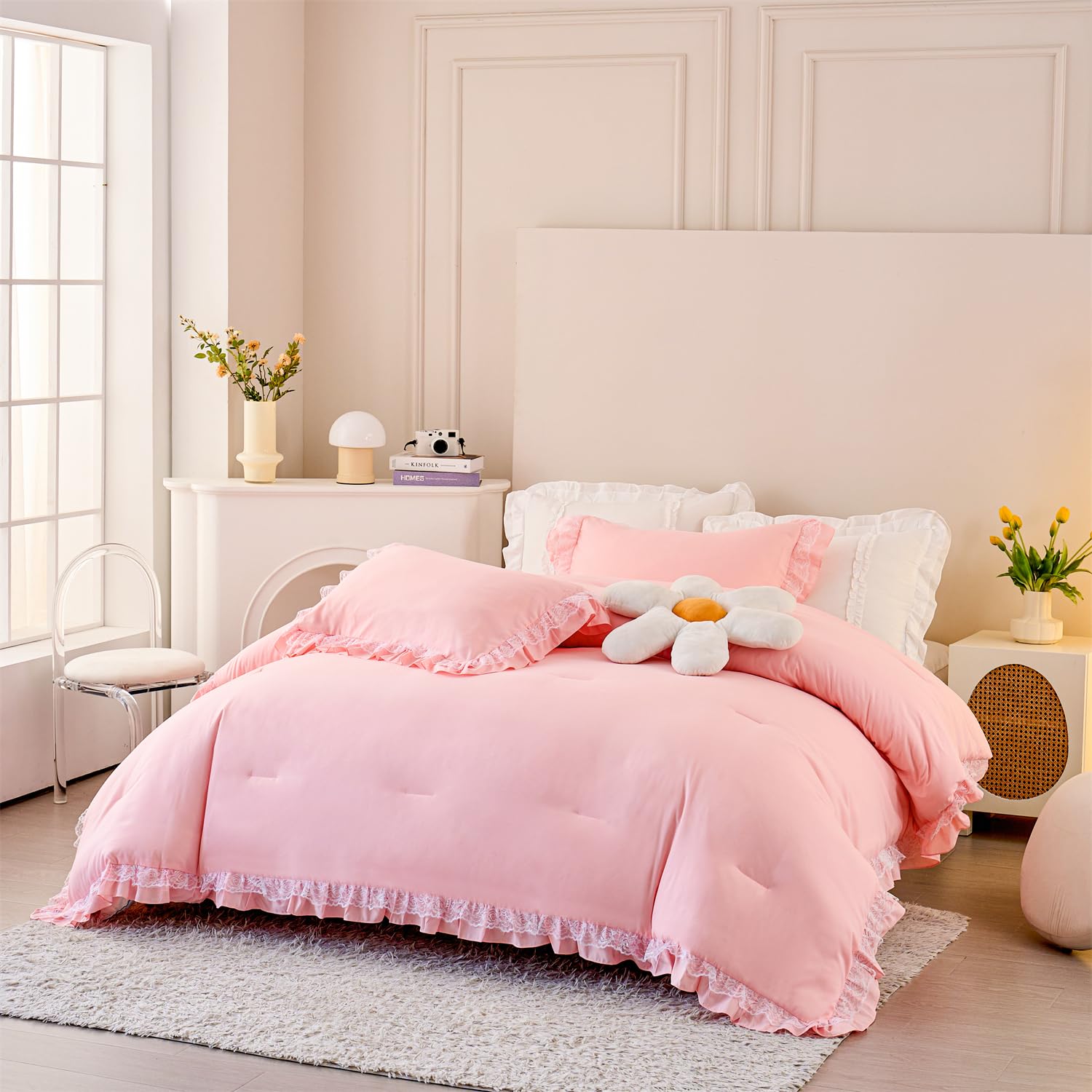 MOOWOO Chic Ruffle Lace Comforter Set -Girl Pink Bedding-2 Piece Twin Bed Quilt -Aesthetic Bedding,Ultra Soft and Durable,Fluffy Bed Comforter Sets for All Season