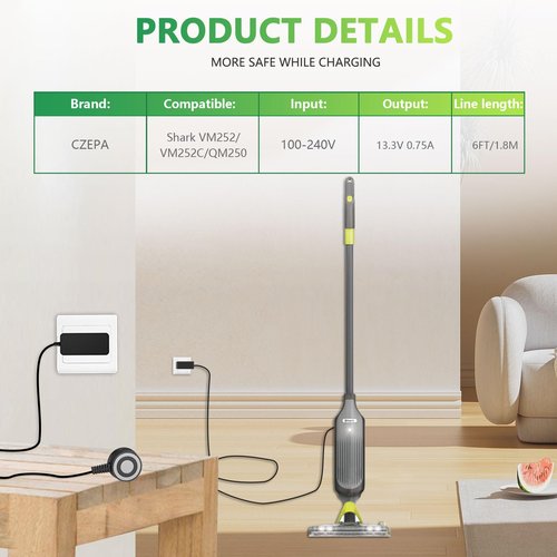 Czepa for Shark VACMOP Charger Compatible With VM252 VM252C QM250 Pro Cordless Hard Floor Vacuum Mop - Magnetic Power Cord Charger