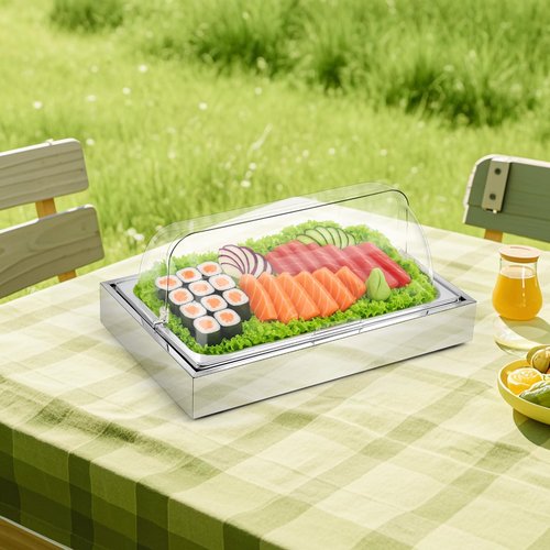 Uiifan Salad Bar Buffet Station for Home, Ice Food Serving Display Tray with Clear Roll Top Cover, Cold Food Buffet Server Trays with Clamps Spoons Ice Box for Restaurant Kitchen Party(Classic)