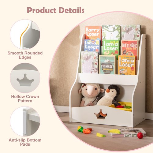 Costzon Kids Bookshelf and Toy Storage, 3-Tier Toddler Bookshelf with Large Storage Cubby, Toy Storage Organizers for Kids Room, Nursery, Playroom, Classroom (White)