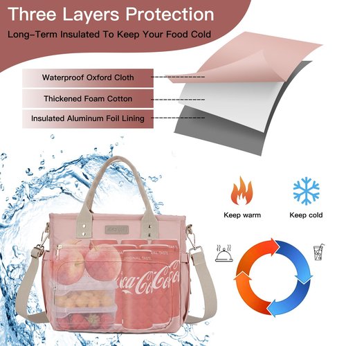 EASYA Large Women Lunch Bags for Work/Insulated Adult Lunch Box for Women/Durable Nylon Thermal Lunchbox for Womens/Leakproof Cooler Tote Bag with Storage Pocket (Shimmering blush pink Cotton Strap)