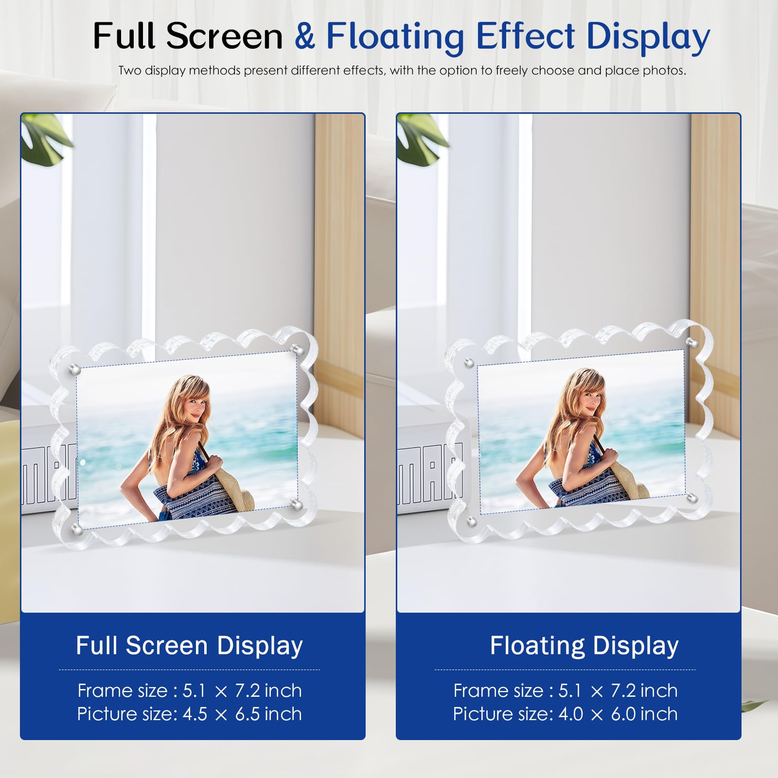 Novacrylion Scalloped Magnetic Picture Frame 4x6 Inch - 2Pack Clear Acrylic Photo Frame, 20mm Thick Double-Sided Magnet Design, Trendy Desktop Display for Home/Office Decor (2 Pack, 4X6)