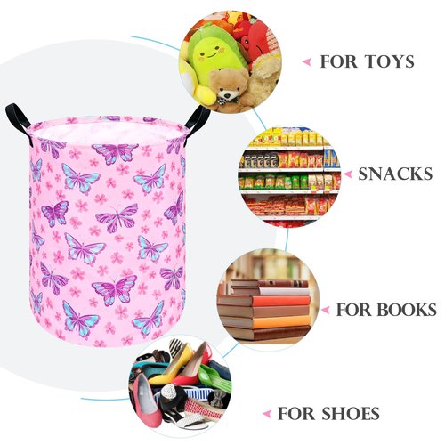 HUAYEE Round Butterfly Pattern Laundry Hamper Storage Basket Fabric Material Storage Hamper Organization Basket, Storage Bin, Gift Box with Handles for Room