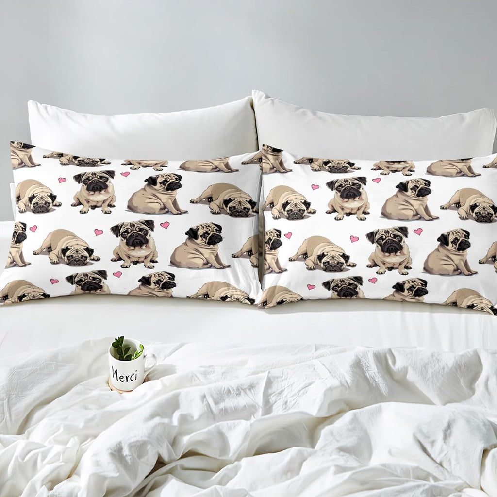Cute Pug Dog Bed Sheet Set Cartoon Animal Fitted Sheet for Kids Children Teens Kawaii Pet Dog Bedding Set Hippie Pug Puppy Bed Cover No Flat Sheet Dog Lovers Bedroom Decor 3Pcs Queen Size