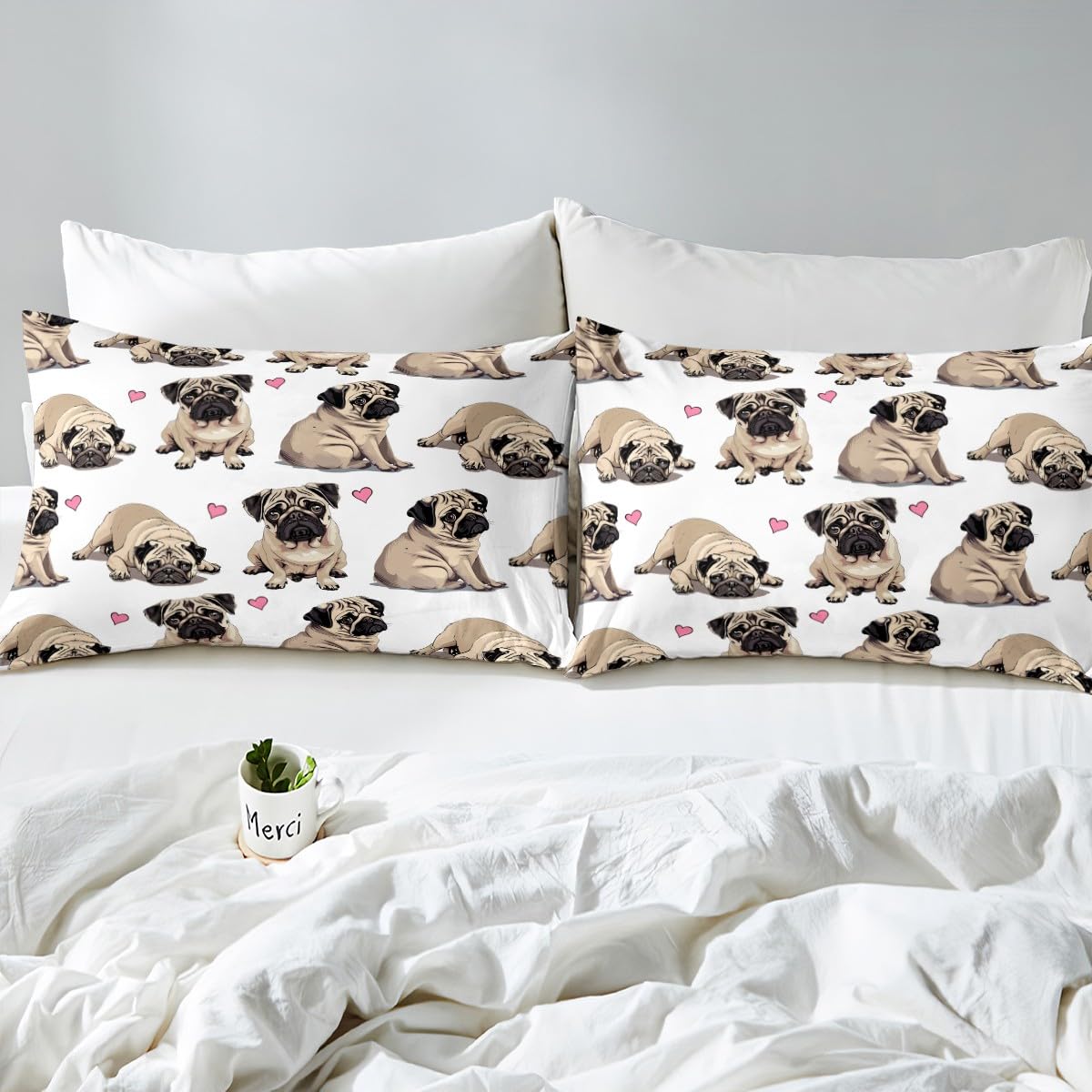 Cute Pug Dog Bed Sheet Set Cartoon Animal Fitted Sheet for Kids Children Teens Kawaii Pet Dog Bedding Set Hippie Pug Puppy Bed Cover No Flat Sheet Dog Lovers Bedroom Decor 3Pcs Queen Size