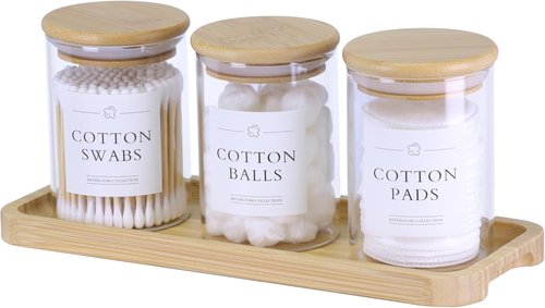 INIUNIK Qtip Holder - 3 Pack Glass Apothecary Jars with Lids | Stylish Bathroom Organizer Set