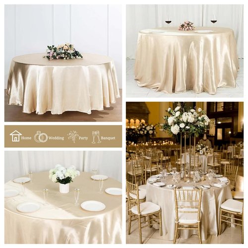 Pesonlook 6 Pack Champagne Round Tablecloth, 108 Inch Satin Fabric Tablecloth for Round Table, Wrinkle Resistant Washable TableCover Bright Silk TableClothes for Wedding Party Dining Table Banquet