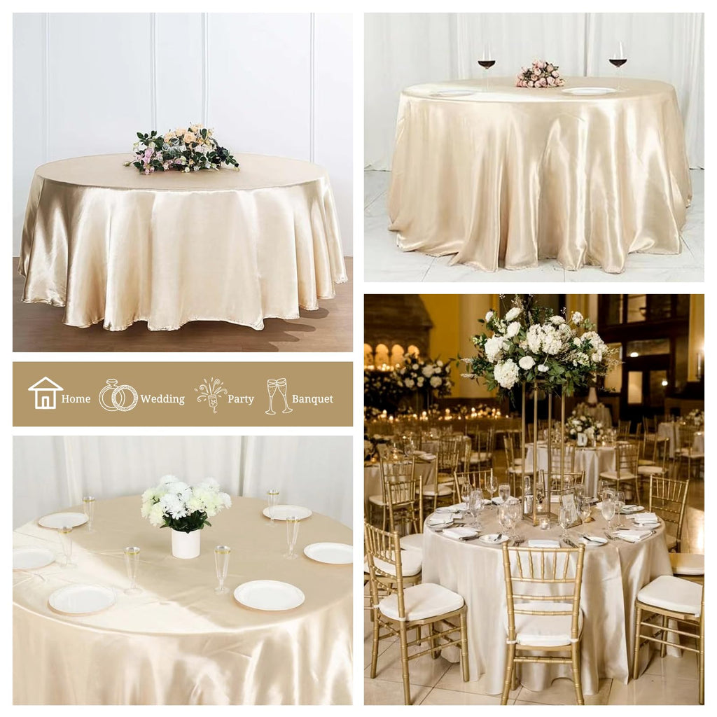 Pesonlook 6 Pack Champagne Round Tablecloth, 120 Inch Satin Fabric Tablecloth for Round Table, Wrinkle Resistant Washable TableCover Bright Silk TableClothes for Wedding Party Dining Table Banquet