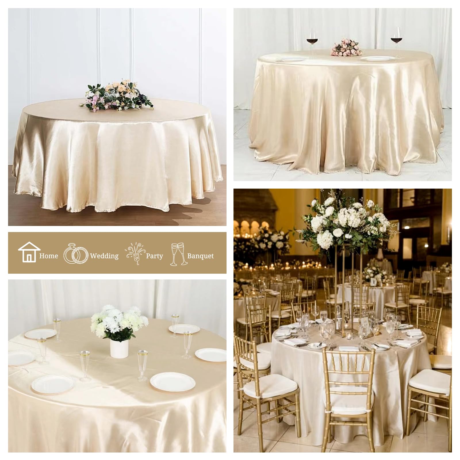 Pesonlook 6 Pack Champagne Round Tablecloth, 120 Inch Satin Fabric Tablecloth for Round Table, Wrinkle Resistant Washable TableCover Bright Silk TableClothes for Wedding Party Dining Table Banquet