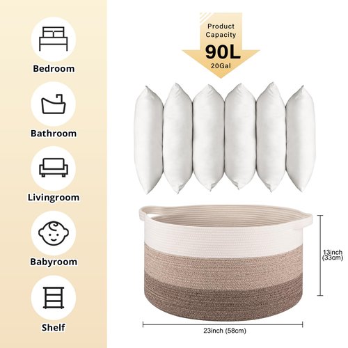 OIAHOMY 90L Blanket Basket for Living Room, Large Basket 23" x 23" x 13" with Handle, Laundry Hamper for Blankets, Pillows, Toy Storage for Kids, Dogs - Gradient Brown