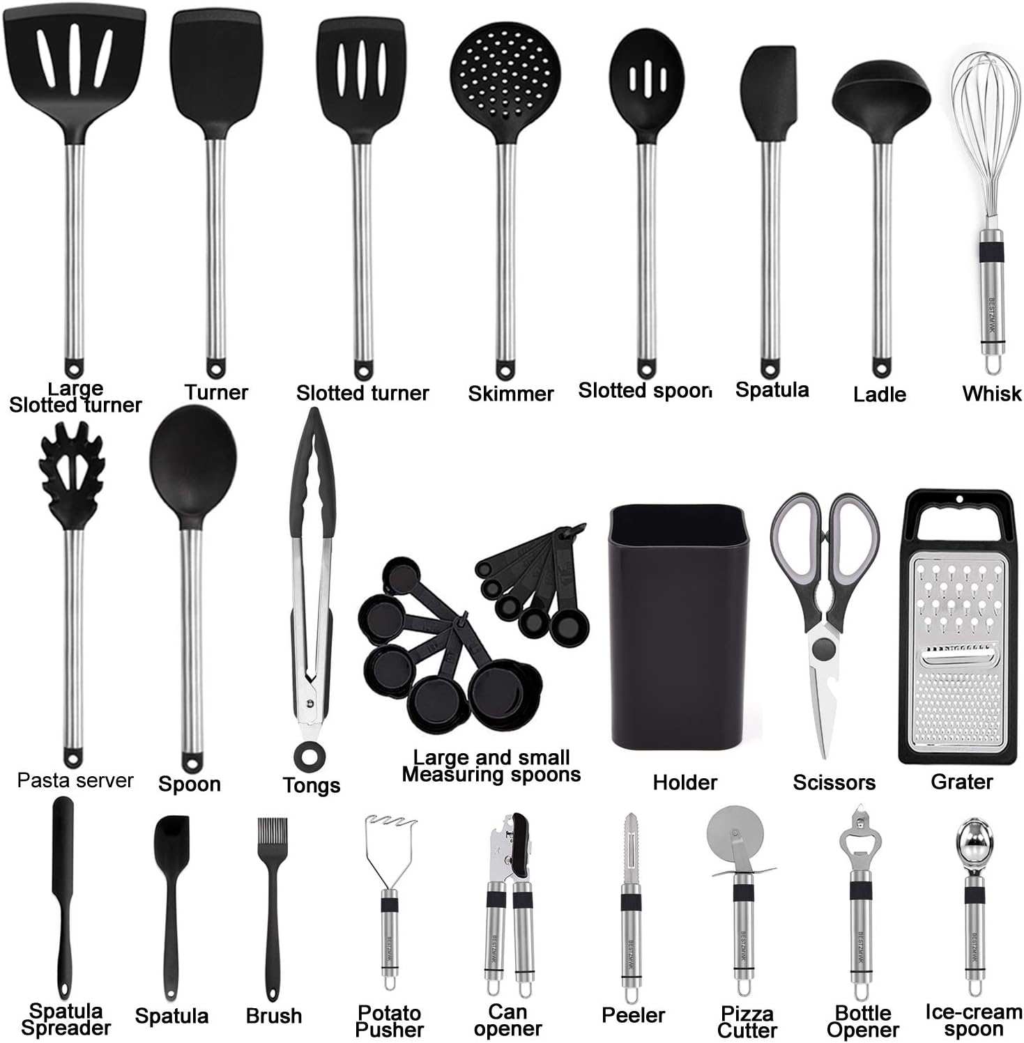 Skiennix Kitchen Utensil Set - 33 Silicone Cooking Gadgets for Nonstick Cookware | Durable Spatula & Spoon Collection