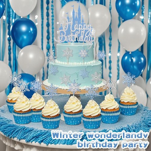 2Pcs Blue Castle Cake Toppers Princess Cake Decorations Princess Theme Birthday Castle Party Picks for Winter Wonderland Party Supplies Frozen Theme Party Decor