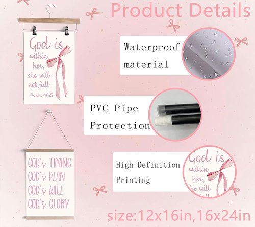 Coquette Pink Bow Canvas Wall Art - Inspirational Bible Verses for Girls' Room Decor | 12"x16" Unframed