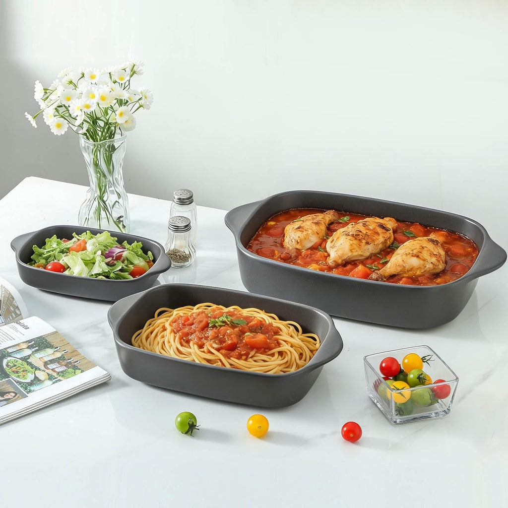 Regine Switzerland Casserole Dish Set - Ceramic Bakeware for Oven | 3 Deep Dishes in Matte Black (0.63/1.8/4 QT)