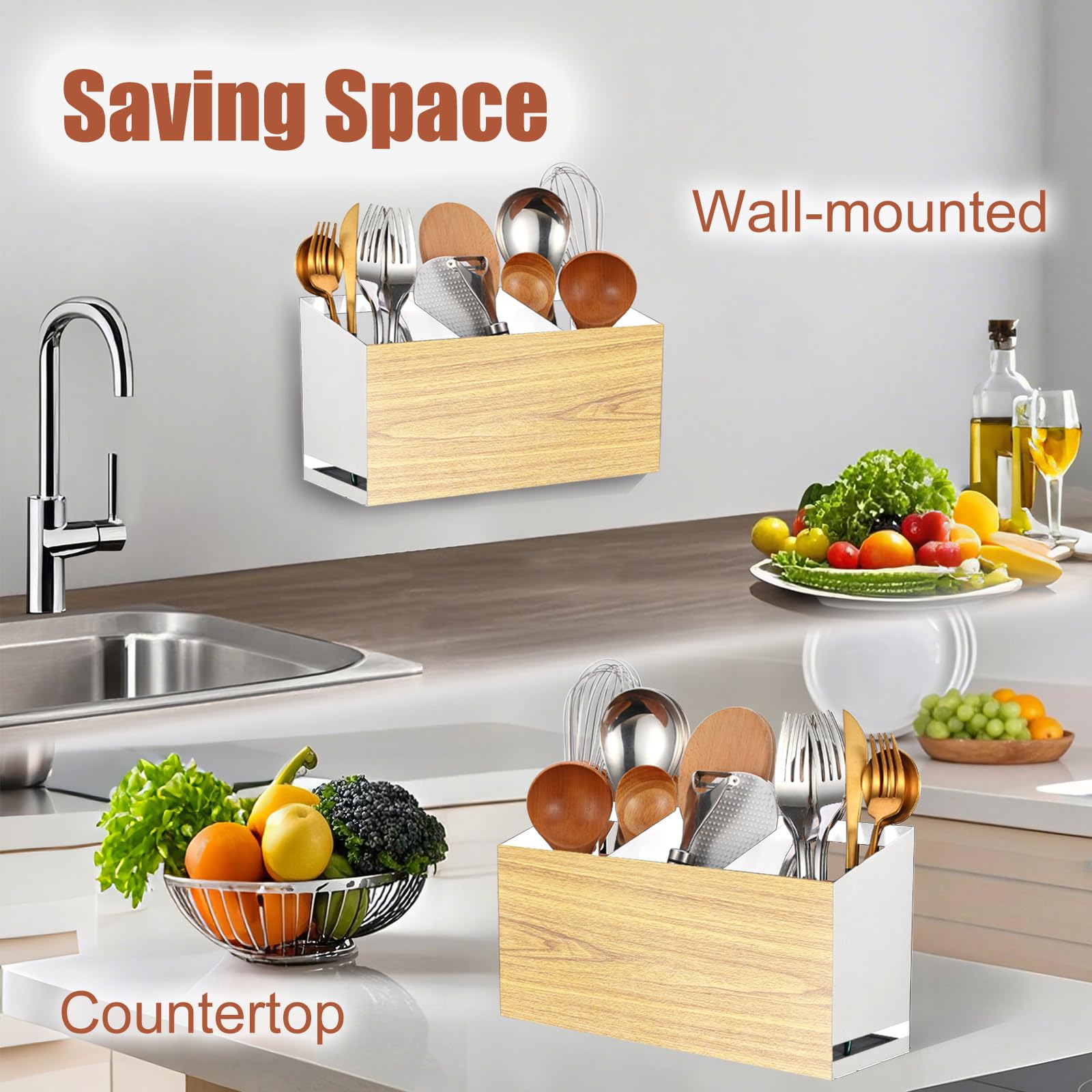 UPODA Utensil Holder Large Iron Flatware Container with 3 Compartments Countertop Wall-mounted Kitchen Utensil Storage (White)