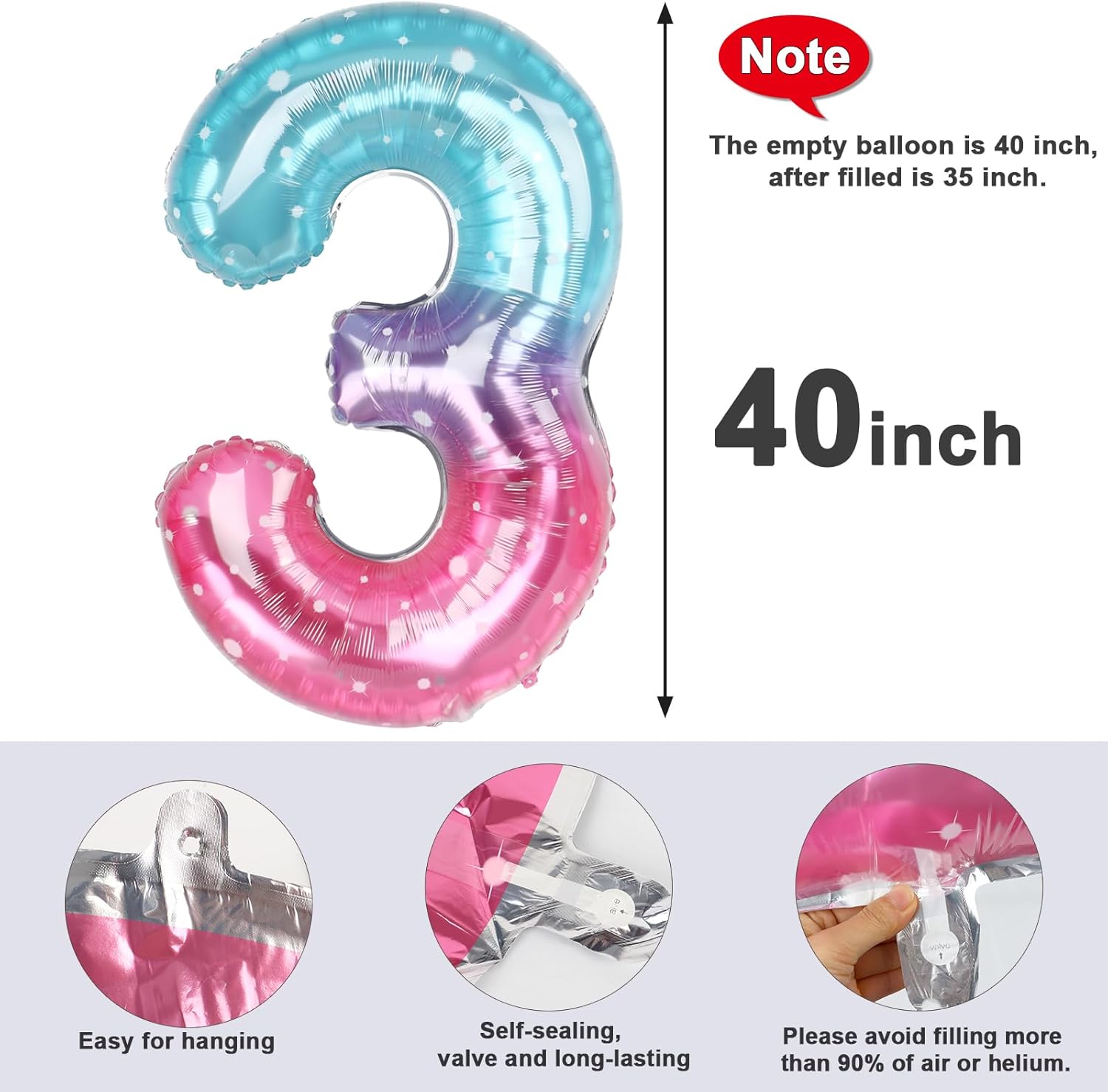 Numbers Balloon 3 - 40 Inch Large Pink, Purple & Blue Balloon for 3rd Birthday Party Decor